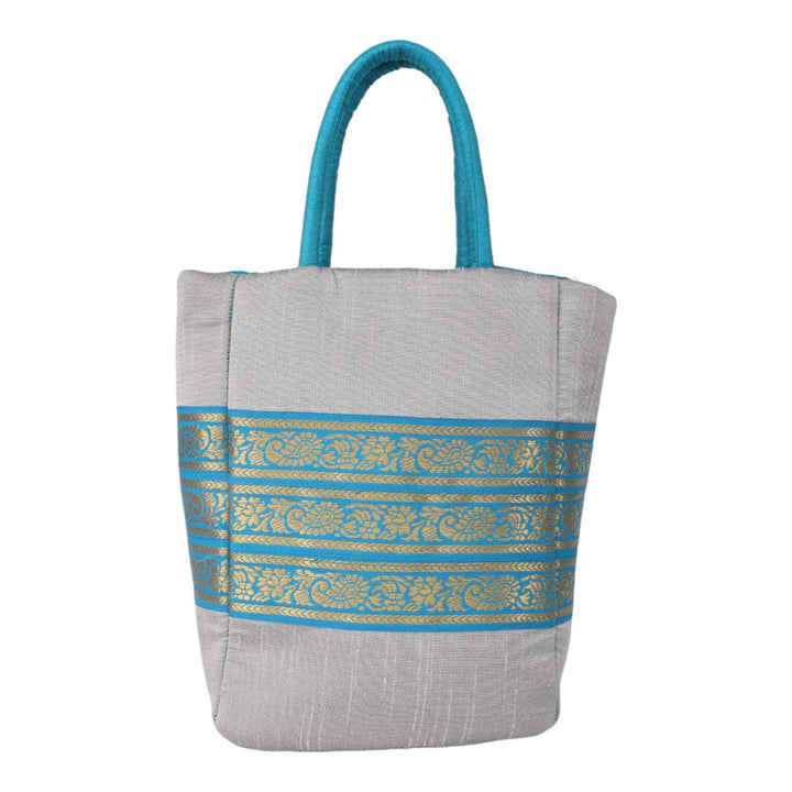 Indha Grey Dupion Silk Gift Bag with Lace Patch – A Chic and Versatile Bag for Gifting and Stylish Daily Use