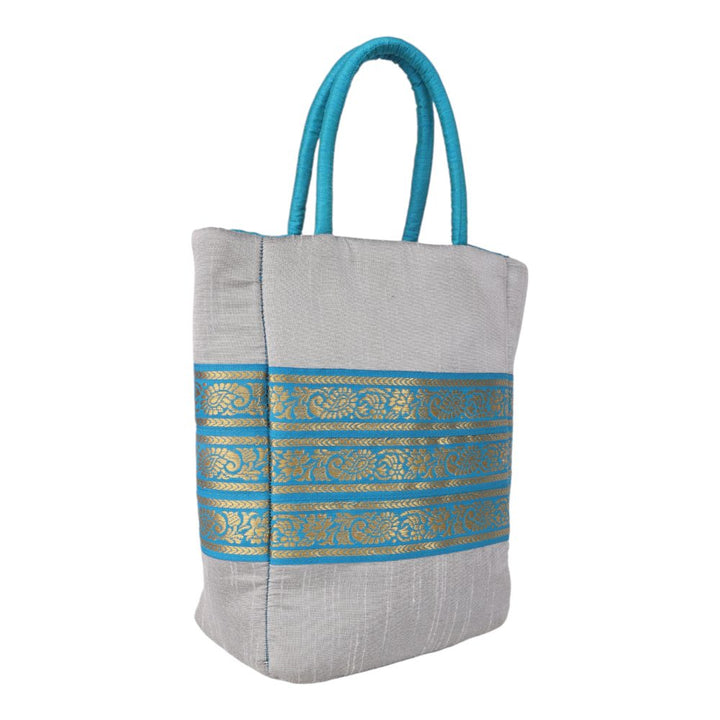 Indha Grey Dupion Silk Gift Bag with Lace Patch – A Chic and Versatile Bag for Gifting and Stylish Daily Use