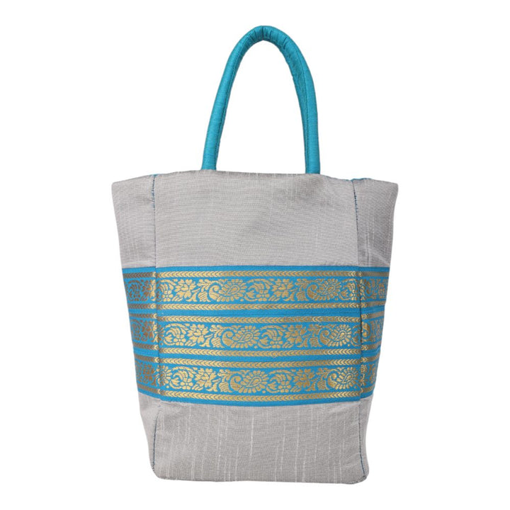 Indha Grey Dupion Silk Gift Bag with Lace Patch – A Chic and Versatile Bag for Gifting and Stylish Daily Use