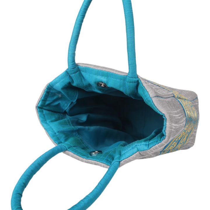 Indha Grey Dupion Silk Gift Bag with Lace Patch – A Chic and Versatile Bag for Gifting and Stylish Daily Use