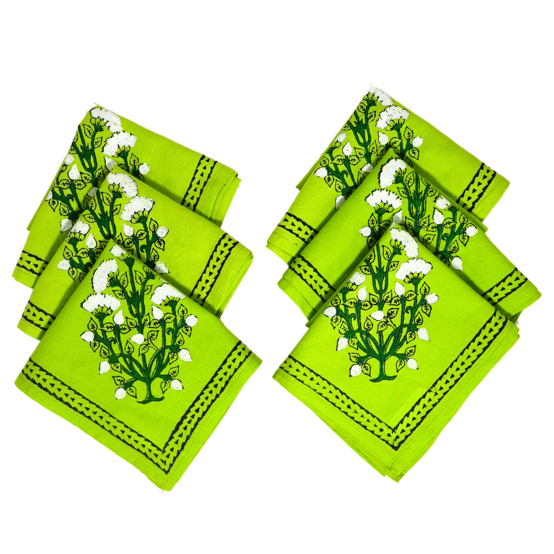 Indha Set of 6 Hand Block Printed Cotton Napkins – 21x21 Inches Green Table Linen Set in Handcrafted Gift Box