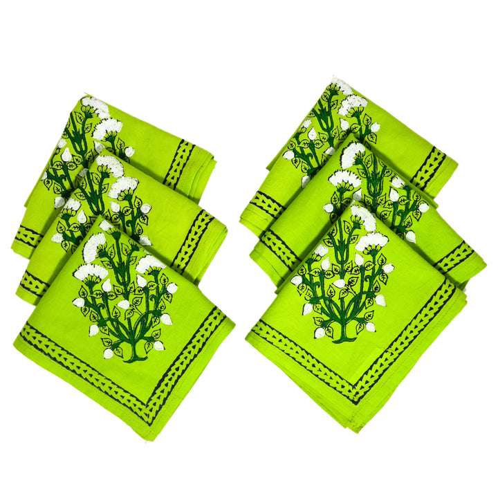 Indha Set of 6 Hand Block Printed Cotton Napkins – 21x21 Inches Green Table Linen Set in Handcrafted Gift Box