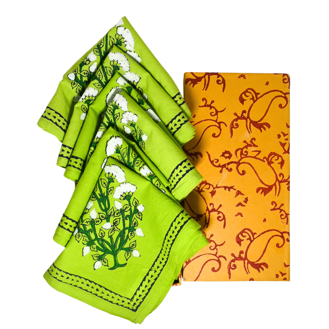 Indha Set of 6 Hand Block Printed Cotton Napkins – 21x21 Inches Green Table Linen Set in Handcrafted Gift Box