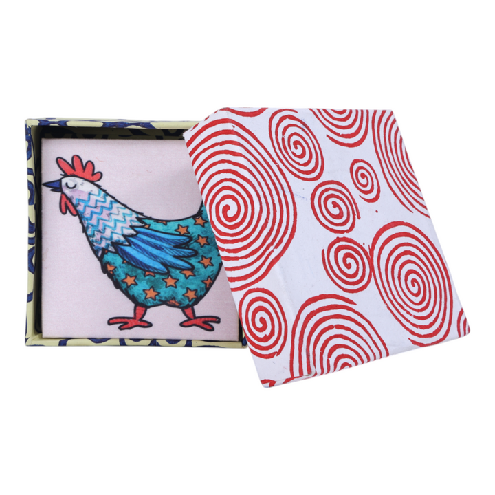 Indha Hen Elegance Coaster Set – Set of 6 Handcrafted Dupion Silk Coasters for Sophisticated Dining &amp; Décor