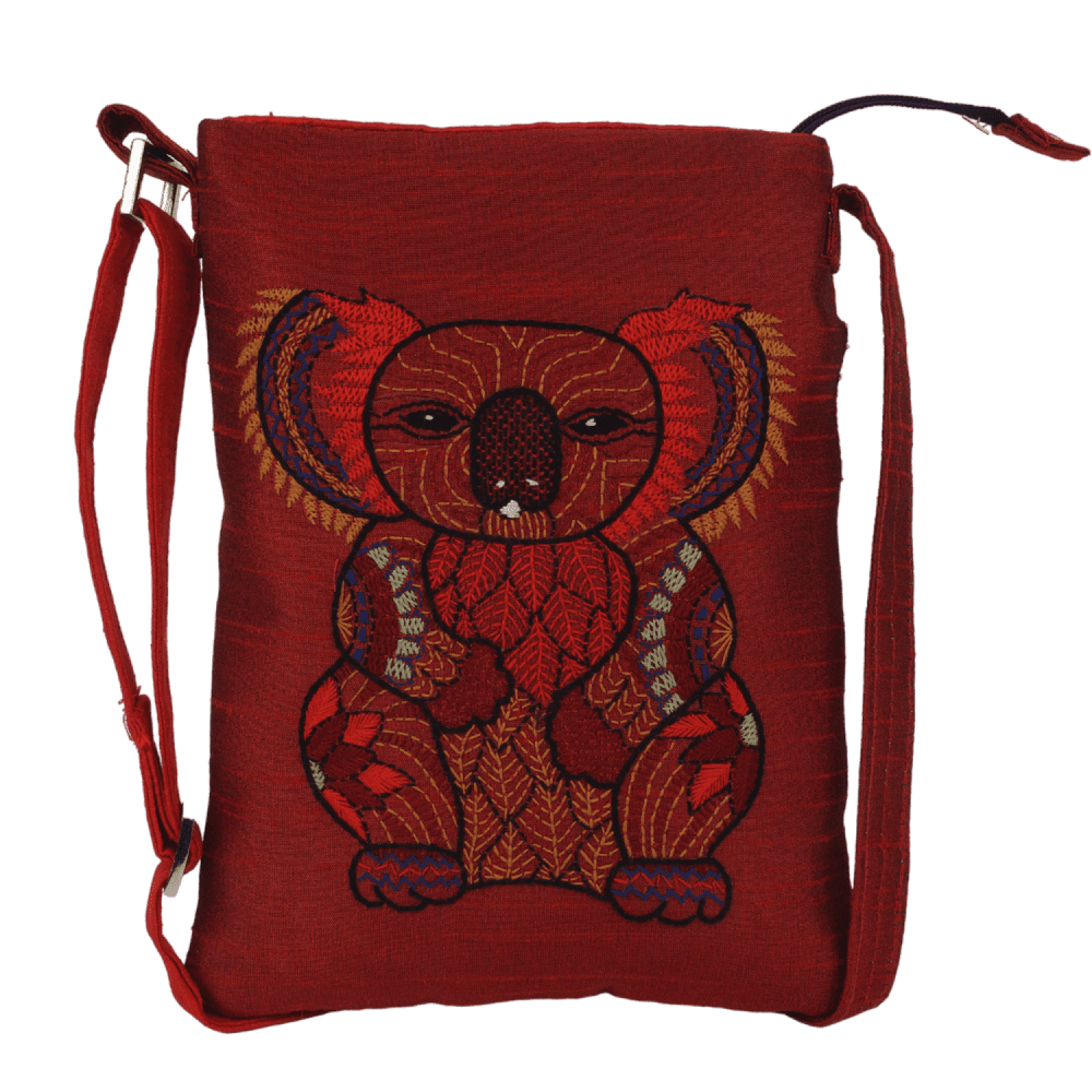 Indha Hand Embroidered Crossbody Sling Bag | Koala Bear Embroidery Sling Bag | Maroon Sling Bag | Cloth Sling Bag for Women