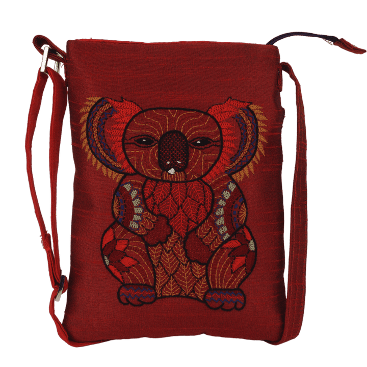 Indha Hand Embroidered Crossbody Sling Bag | Koala Bear Embroidery Sling Bag | Maroon Sling Bag | Cloth Sling Bag for Women