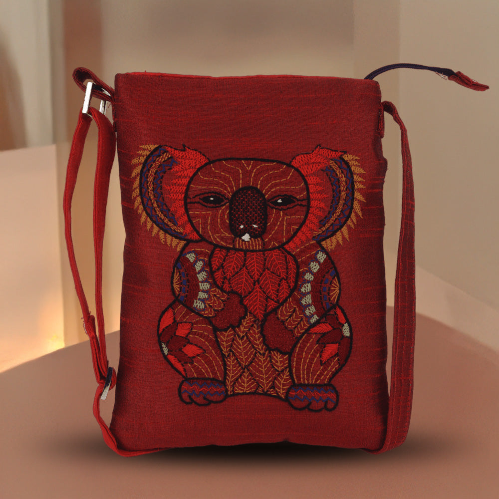 Indha Hand Embroidered Crossbody Sling Bag | Koala Bear Embroidery Sling Bag | Maroon Sling Bag | Cloth Sling Bag for Women