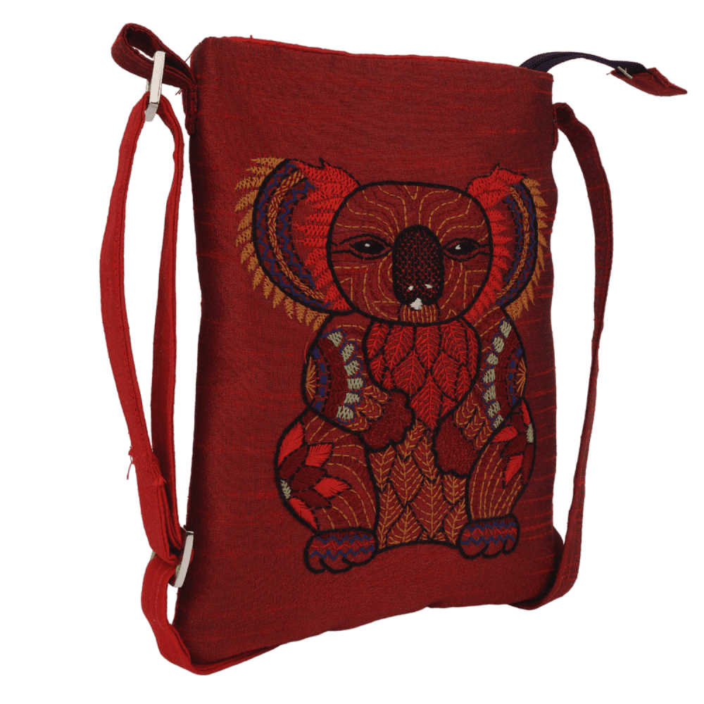 Indha Hand Embroidered Crossbody Sling Bag | Koala Bear Embroidery Sling Bag | Maroon Sling Bag | Cloth Sling Bag for Women