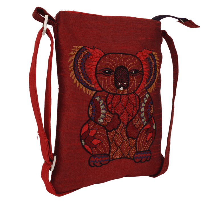 Indha Hand Embroidered Crossbody Sling Bag | Koala Bear Embroidery Sling Bag | Maroon Sling Bag | Cloth Sling Bag for Women