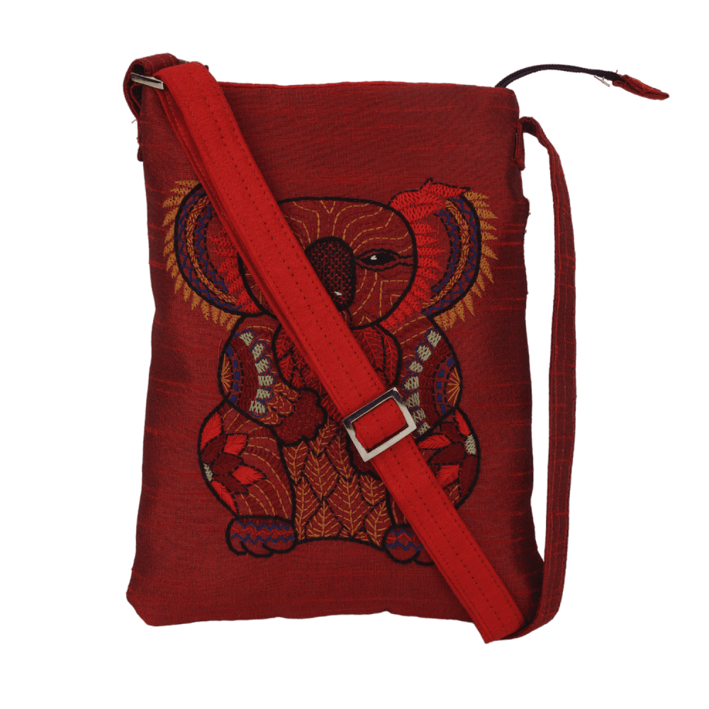 Indha Hand Embroidered Crossbody Sling Bag | Koala Bear Embroidery Sling Bag | Maroon Sling Bag | Cloth Sling Bag for Women