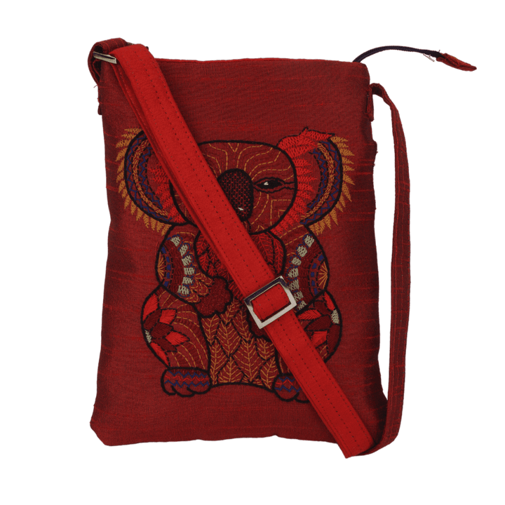 Indha Hand Embroidered Crossbody Sling Bag | Koala Bear Embroidery Sling Bag | Maroon Sling Bag | Cloth Sling Bag for Women