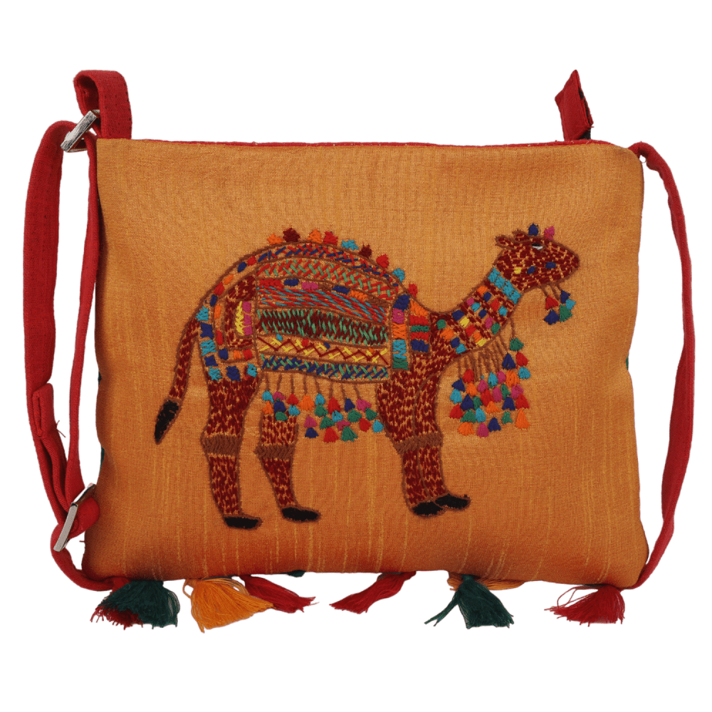 Indha Hand Embroidered Sling Bag | Camel Embroidery Sling Bag | Orange Sling Bag | Cloth Sling Bag for Women