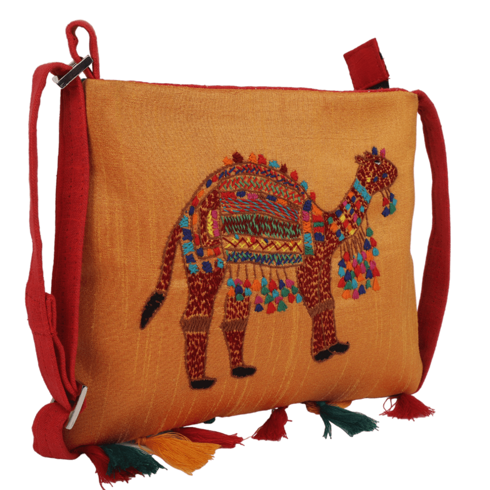 Indha Hand Embroidered Sling Bag | Camel Embroidery Sling Bag | Orange Sling Bag | Cloth Sling Bag for Women