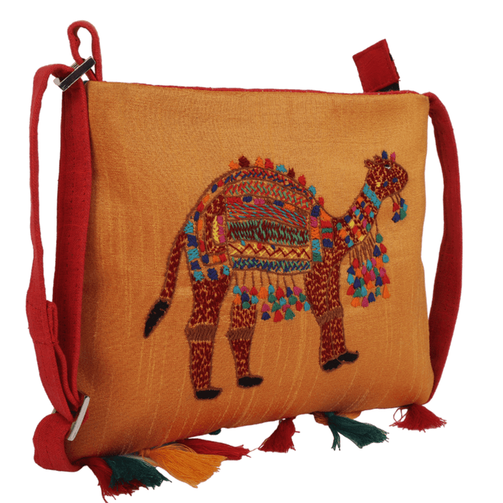Indha Hand Embroidered Sling Bag | Camel Embroidery Sling Bag | Orange Sling Bag | Cloth Sling Bag for Women