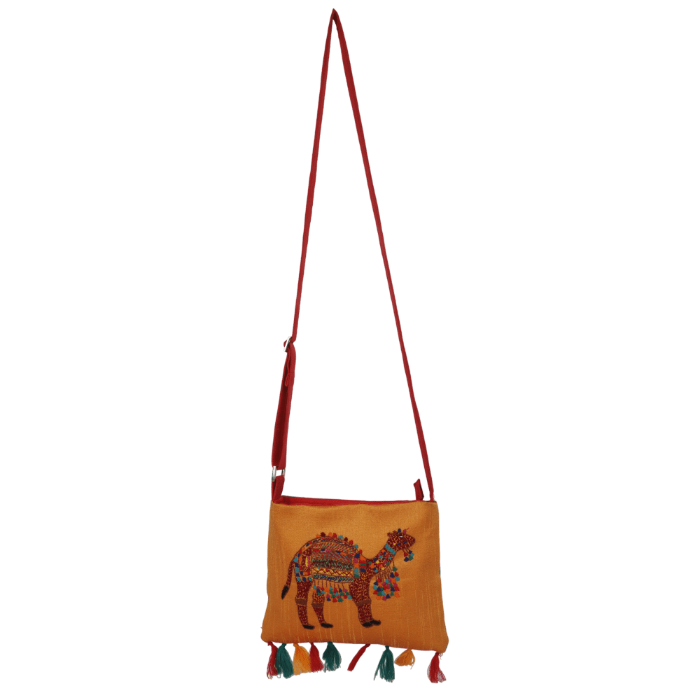 Indha Hand Embroidered Sling Bag | Camel Embroidery Sling Bag | Orange Sling Bag | Cloth Sling Bag for Women