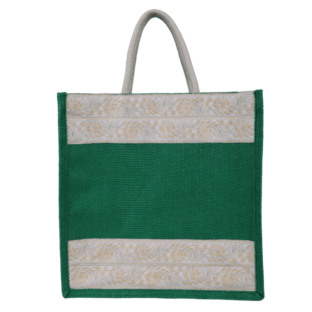 INDHA Jute Handbag Green With Lace Border | Jute Gift Bags | Jute Lunch Bag | Jute Tiffin Bag | Eco-Friendly Jute Bag | Sustainable Jute Bag | Corporate Gifting