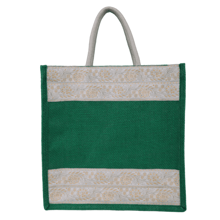 INDHA Jute Handbag Green With Lace Border | Jute Gift Bags | Jute Lunch Bag | Jute Tiffin Bag | Eco-Friendly Jute Bag | Sustainable Jute Bag | Corporate Gifting