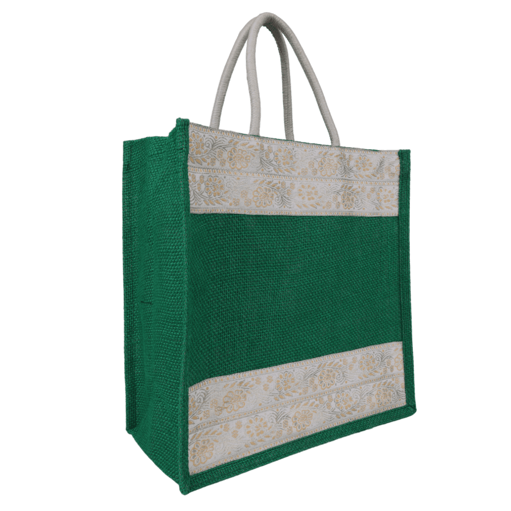 INDHA Jute Handbag Green With Lace Border | Jute Gift Bags | Jute Lunch Bag | Jute Tiffin Bag | Eco-Friendly Jute Bag | Sustainable Jute Bag | Corporate Gifting