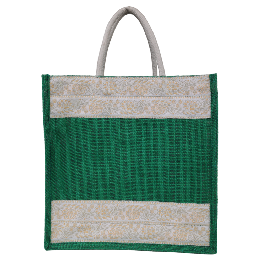 INDHA Jute Handbag Green With Lace Border | Jute Gift Bags | Jute Lunch Bag | Jute Tiffin Bag | Eco-Friendly Jute Bag | Sustainable Jute Bag | Corporate Gifting
