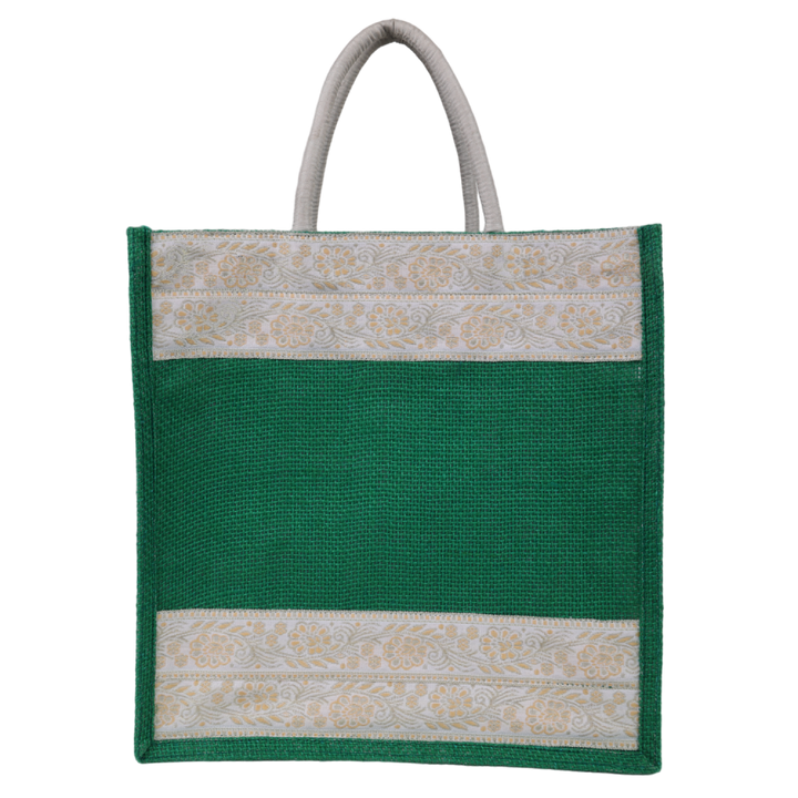 INDHA Jute Handbag Green With Lace Border | Jute Gift Bags | Jute Lunch Bag | Jute Tiffin Bag | Eco-Friendly Jute Bag | Sustainable Jute Bag | Corporate Gifting