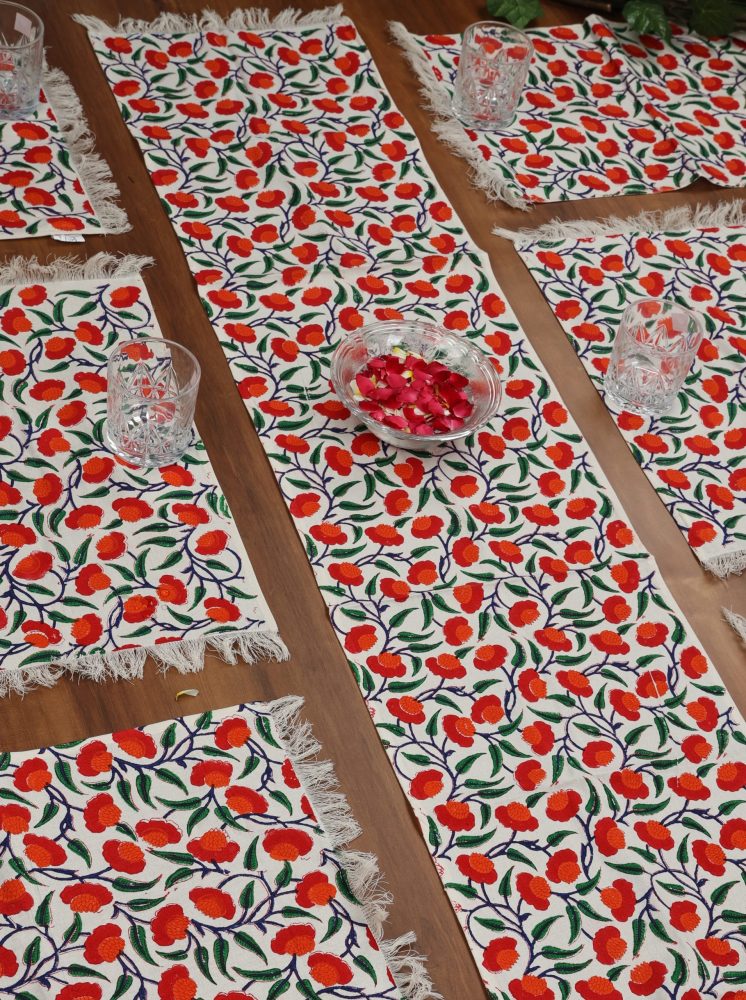 Indha Table Mats And Runner Set | Hand Block-Printed Red And Orange Floral Design Motif Cotton Canvas Set 0f 6 Table Mats And 1 Runner |