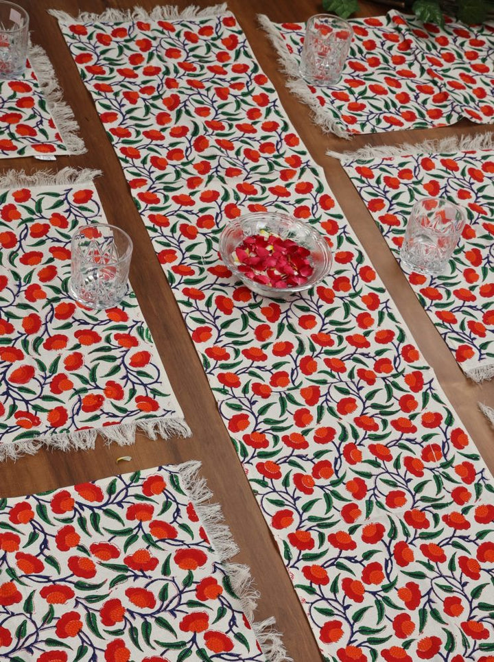 Indha Table Mats And Runner Set | Hand Block-Printed Red And Orange Floral Design Motif Cotton Canvas Set 0f 6 Table Mats And 1 Runner |