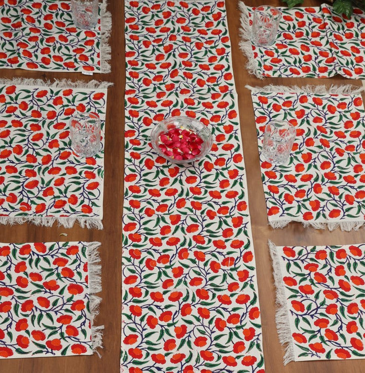 Indha Table Mats And Runner Set | Hand Block-Printed Red And Orange Floral Design Motif Cotton Canvas Set 0f 6 Table Mats And 1 Runner |