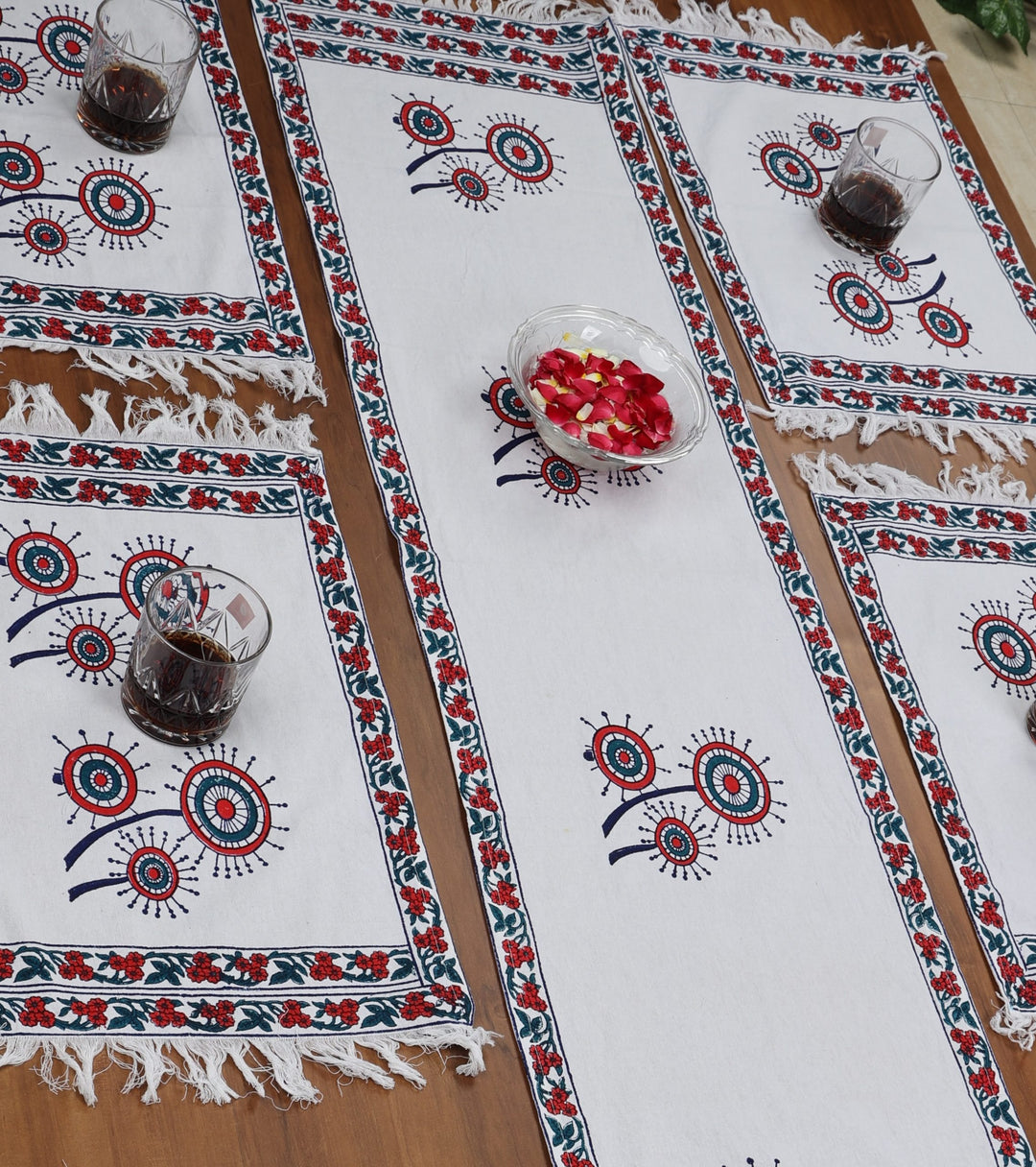 Indha Table Mat &amp; Runner Set |Hand Block-Printed Red And Blue Dandelion Flower Design Motif Cotton Canvas Table Mats And Runner Set | Set 0f 6 Table Mats And 1 Runner |