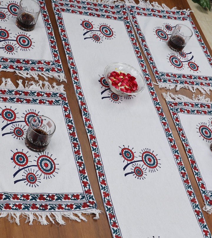 Indha Table Mat &amp; Runner Set |Hand Block-Printed Red And Blue Dandelion Flower Design Motif Cotton Canvas Table Mats And Runner Set | Set 0f 6 Table Mats And 1 Runner |