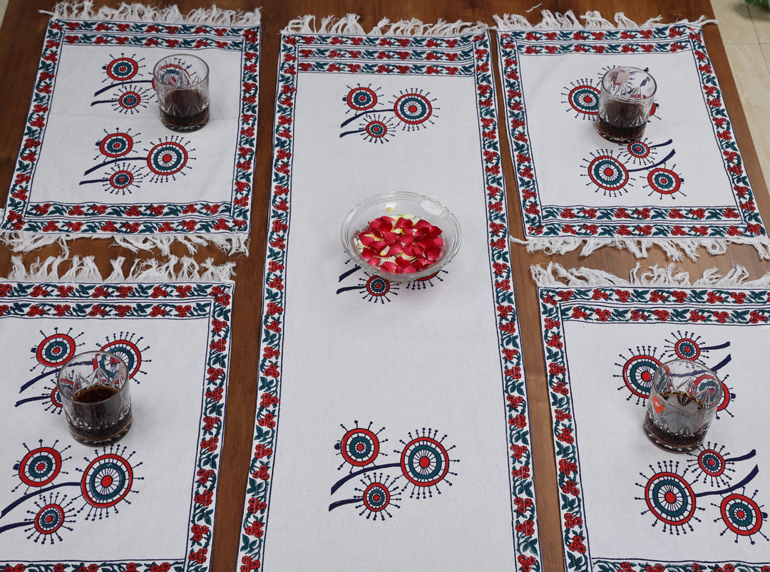 Indha Table Mat &amp; Runner Set |Hand Block-Printed Red And Blue Dandelion Flower Design Motif Cotton Canvas Table Mats And Runner Set | Set 0f 6 Table Mats And 1 Runner |