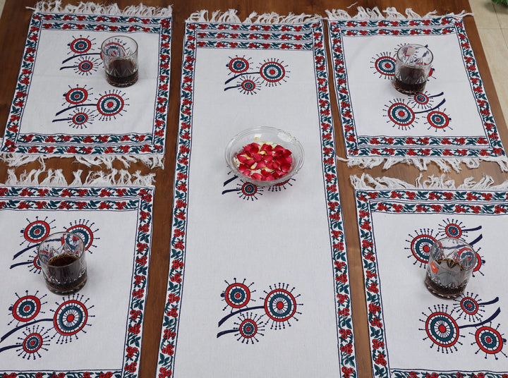 Indha Table Mat &amp; Runner Set |Hand Block-Printed Red And Blue Dandelion Flower Design Motif Cotton Canvas Table Mats And Runner Set | Set 0f 6 Table Mats And 1 Runner |