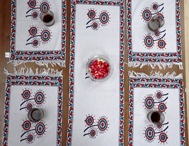 Indha Table Mat &amp; Runner Set |Hand Block-Printed Red And Blue Dandelion Flower Design Motif Cotton Canvas Table Mats And Runner Set | Set 0f 6 Table Mats And 1 Runner |