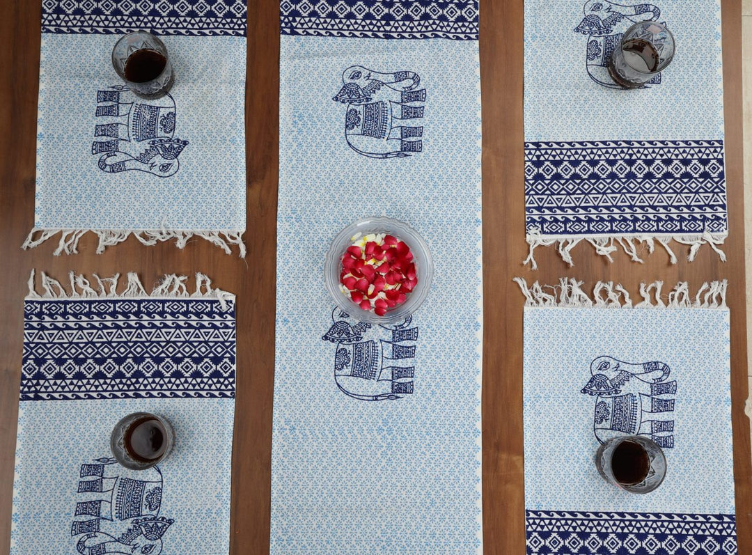 Indha Table Mats And Runner Set |Hand Block-Printed Blue Ethnic Elephant Design  Pattern Cotton Set 0f 6 Table Mats And 1 Runner |
