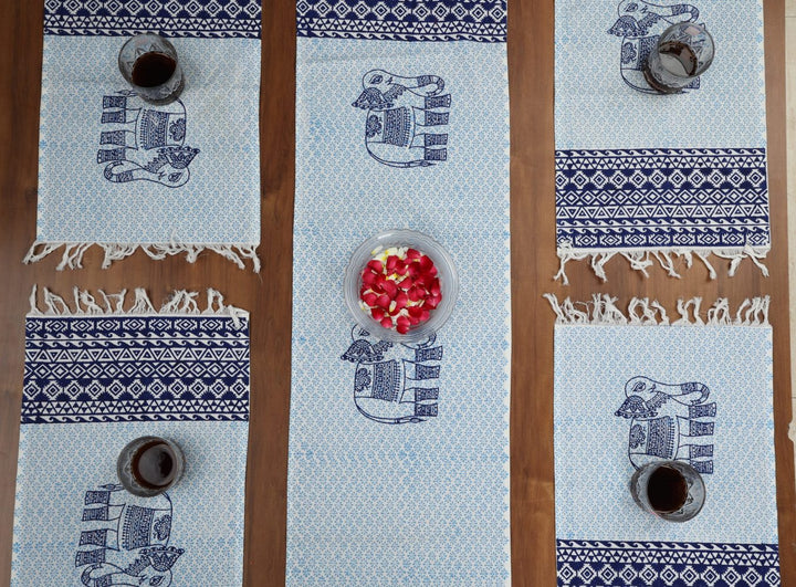 Indha Table Mats And Runner Set |Hand Block-Printed Blue Ethnic Elephant Design  Pattern Cotton Set 0f 6 Table Mats And 1 Runner |