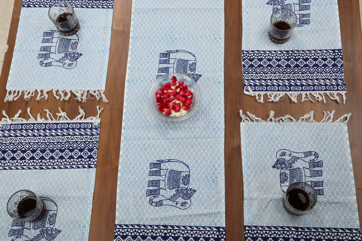 Indha Table Mats And Runner Set |Hand Block-Printed Blue Ethnic Elephant Design  Pattern Cotton Set 0f 6 Table Mats And 1 Runner |