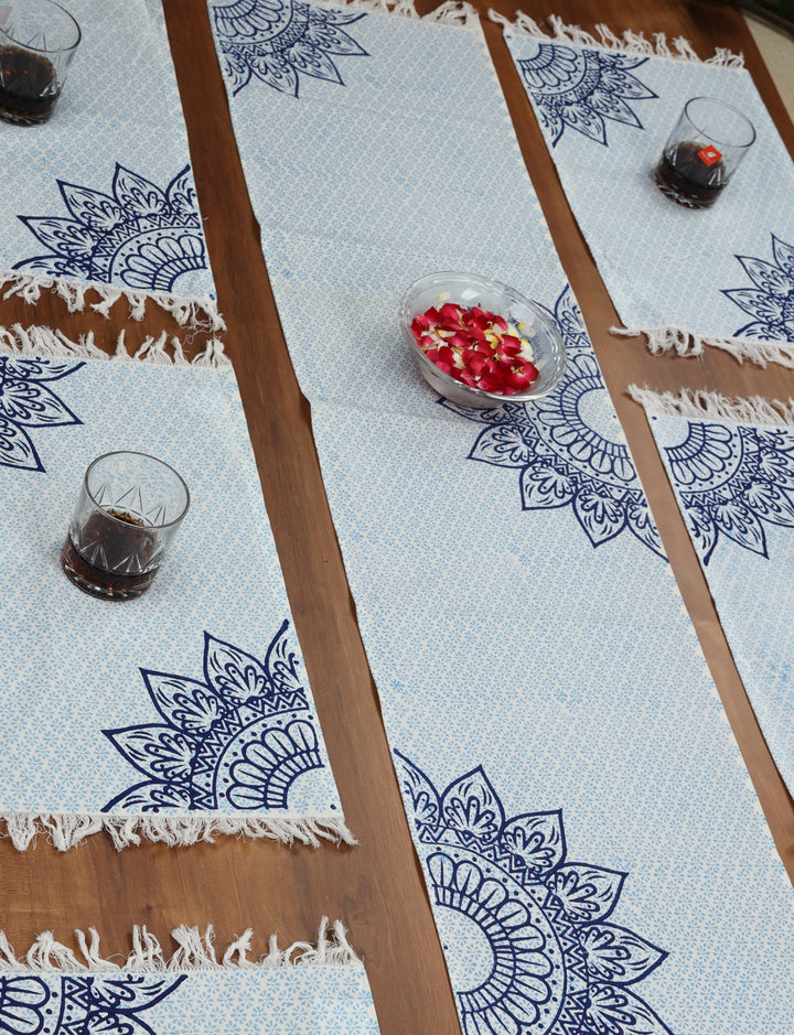 Indha Table Mat &amp; Runner Set | Hand Block-Printed Blue Flower Mandala Design Pattern Cotton Table Mats And Runner Set | Set 0f 6 Table Mats And 1 Runner