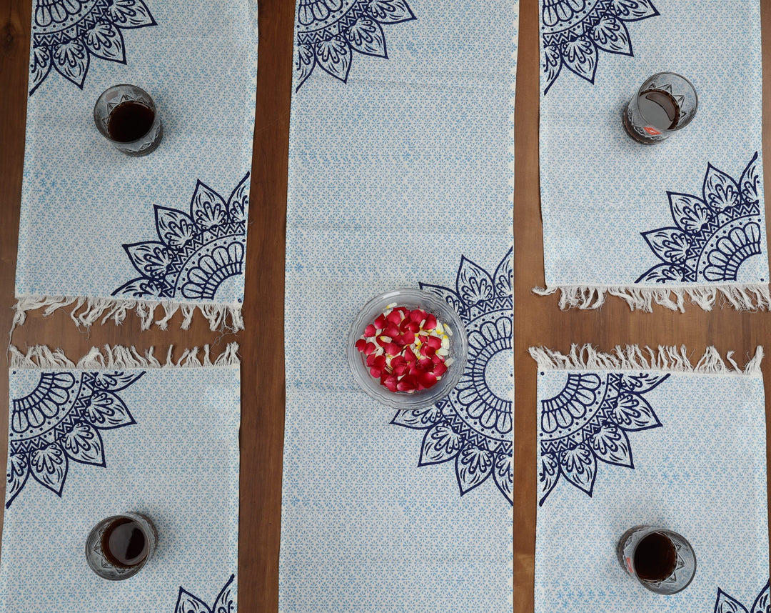 Indha Table Mat &amp; Runner Set | Hand Block-Printed Blue Flower Mandala Design Pattern Cotton Table Mats And Runner Set | Set 0f 6 Table Mats And 1 Runner