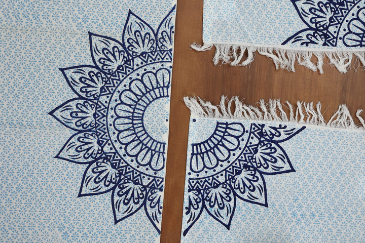 Indha Table Mat &amp; Runner Set | Hand Block-Printed Blue Flower Mandala Design Pattern Cotton Table Mats And Runner Set | Set 0f 6 Table Mats And 1 Runner