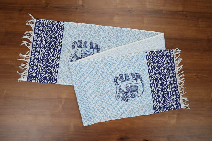 Indha Table Mats And Runner Set |Hand Block-Printed Blue Ethnic Elephant Design  Pattern Cotton Set 0f 6 Table Mats And 1 Runner |