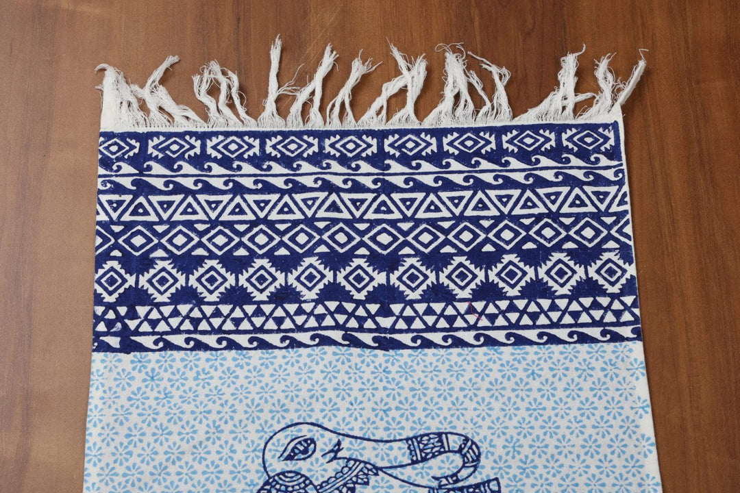 Indha Table Mats And Runner Set |Hand Block-Printed Blue Ethnic Elephant Design  Pattern Cotton Set 0f 6 Table Mats And 1 Runner |