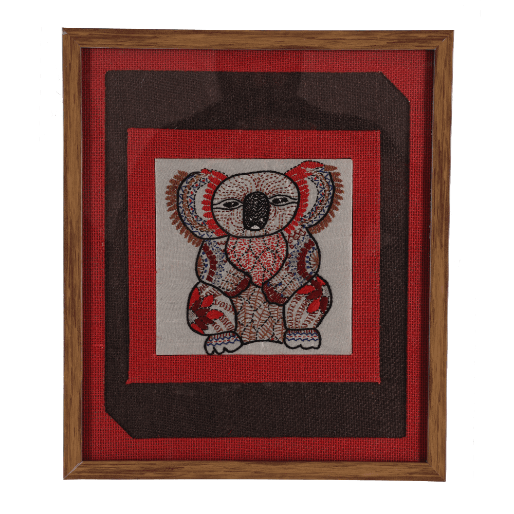 INDHA Handcrafted Wall Décor | Red And Brown Jute Wall Décor | Reprocessed Wood Wooden Frame | Off White Dupion Silk |