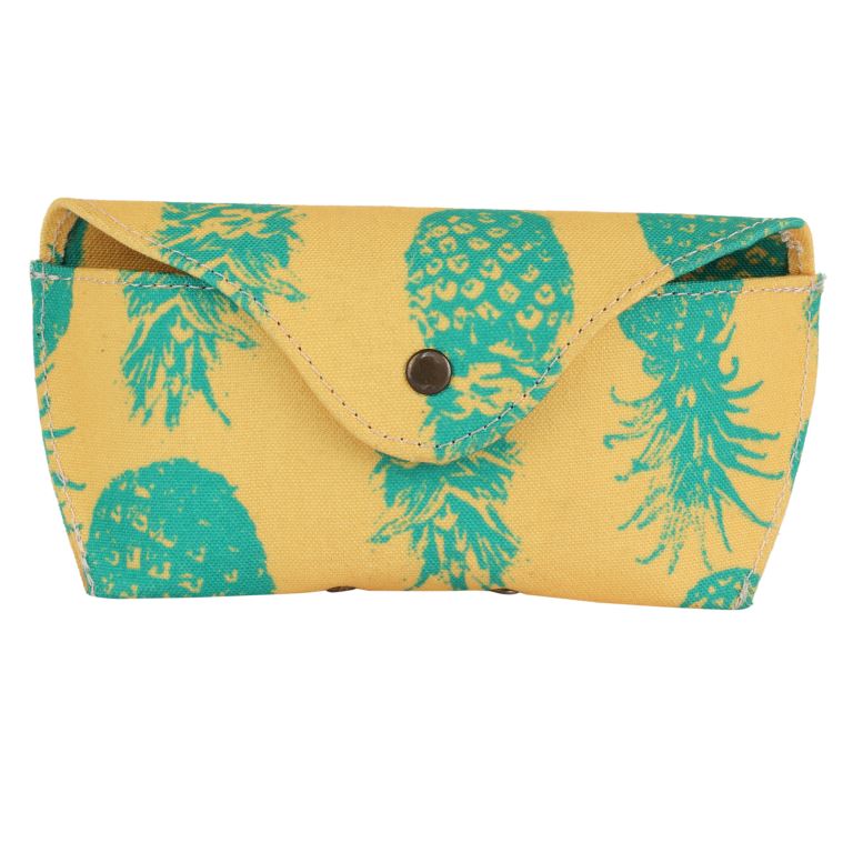INDHA Eyewear Case | Yellow Cotton Canvas Eyewear Case | Hand Block Printed Turquoise Pineapple Design Motif | Handmade Eyewear Case | Hand Block Printed Eyewear Case |