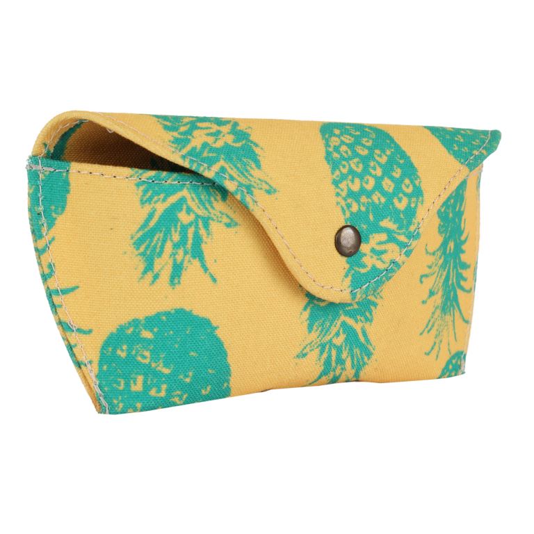 INDHA Eyewear Case | Yellow Cotton Canvas Eyewear Case | Hand Block Printed Turquoise Pineapple Design Motif | Handmade Eyewear Case | Hand Block Printed Eyewear Case |