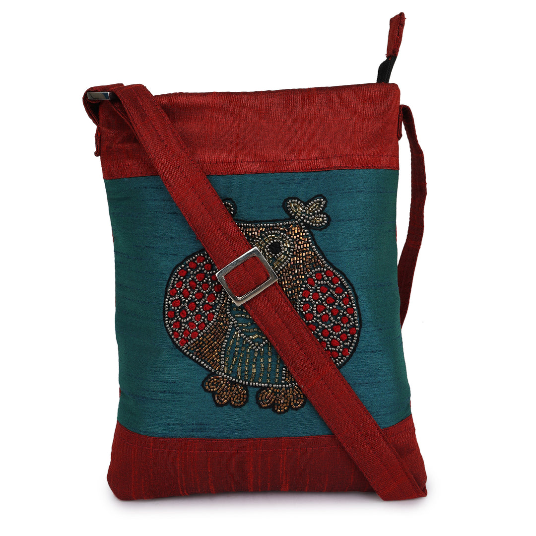 INDHA Zardozi embroidery Maroon &amp; Teal Green Sling Bag | Upcycled Fabric | Owl motif | College Bag | Corporate Giveaway | Eco-friendly bag | Hand-embroidered product