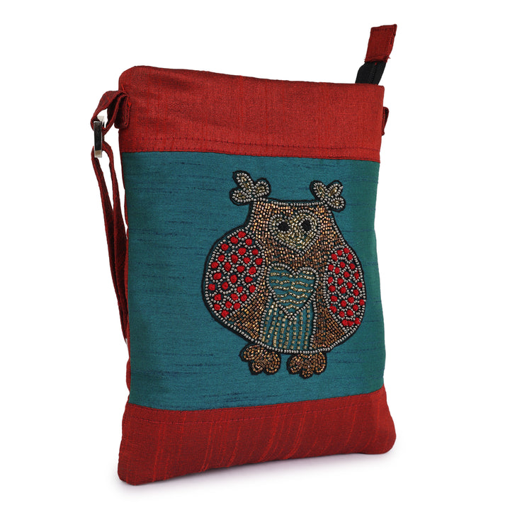 INDHA Zardozi embroidery Maroon &amp; Teal Green Sling Bag | Upcycled Fabric | Owl motif | College Bag | Corporate Giveaway | Eco-friendly bag | Hand-embroidered product