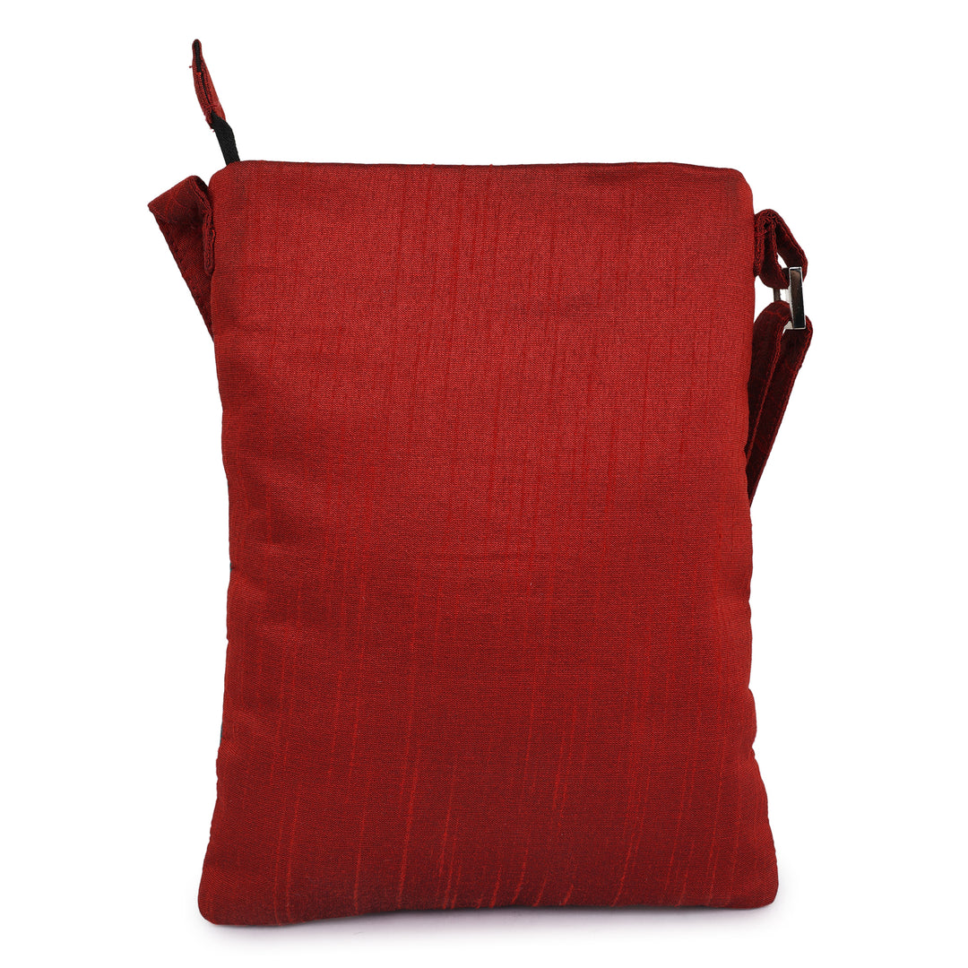 INDHA Zardozi embroidery Maroon &amp; Teal Green Sling Bag | Upcycled Fabric | Owl motif | College Bag | Corporate Giveaway | Eco-friendly bag | Hand-embroidered product