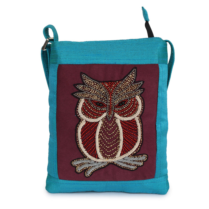 INDHA Sling bag with Exquisite Glass bead Hand-embroidered Owl Motif | Sling bag | Blue | Maroon