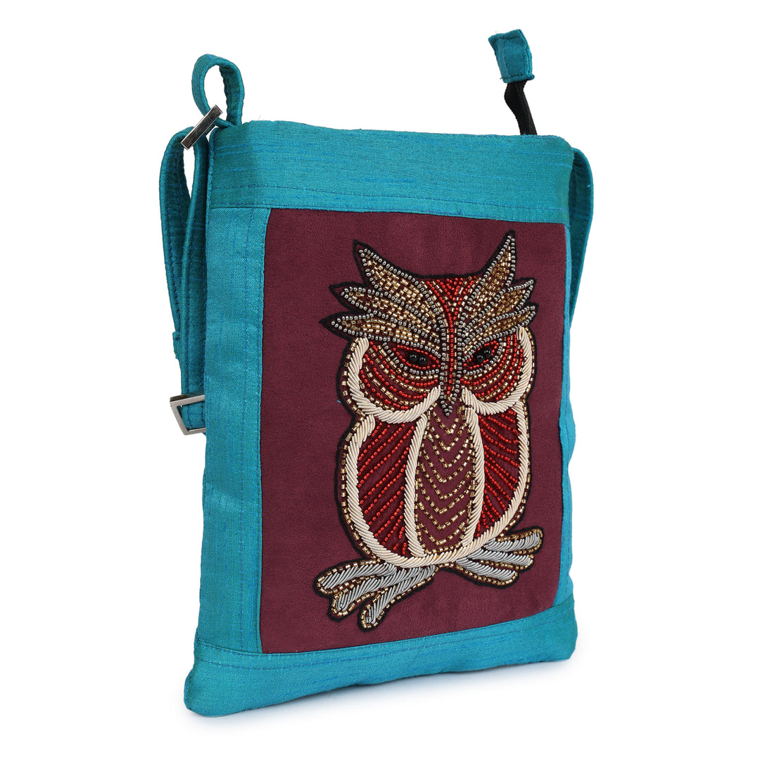 INDHA Sling bag with Exquisite Glass bead Hand-embroidered Owl Motif | Sling bag | Blue | Maroon