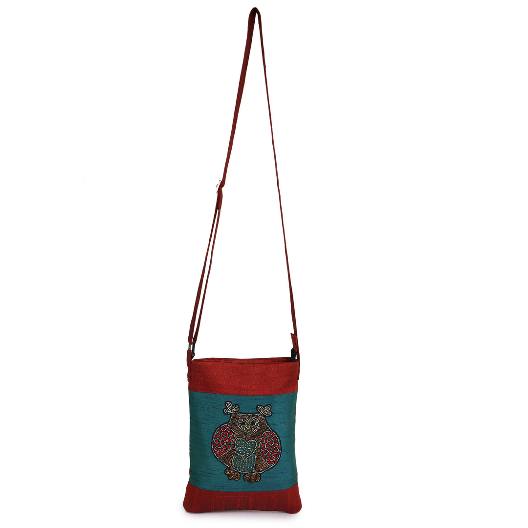 INDHA Zardozi embroidery Maroon &amp; Teal Green Sling Bag | Upcycled Fabric | Owl motif | College Bag | Corporate Giveaway | Eco-friendly bag | Hand-embroidered product
