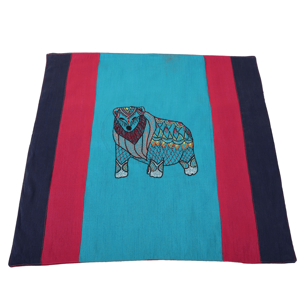 INDHA Cushion Cover | Blue, Pink, and Navy Blue Dupion Silk Cushion Cover | Hand Embroidered Chain Stitch and Kantha Work Multicolor Jungle-Bear Design | Hand Embroidered Cushion Cover |